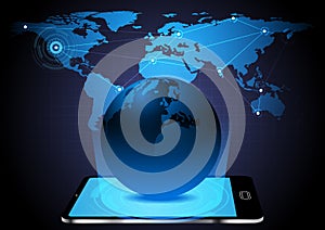 Abstract smartphone with world map connections vector technology background