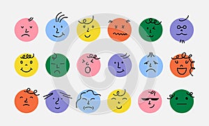 Abstract smile face icons. Cartoon round emoji avatars, emoticon character set, funny doodle isolated vector elements