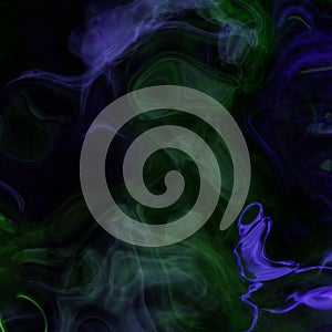 Abstract smoke swirls in green and violet on black background