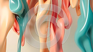 Abstract smooth shaped formless opaque pastel pink and mint green liquid flow background, neural network generated image