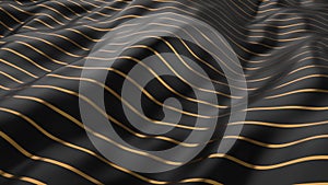 Abstract smooth surface with ripples. Cloth with waves. Gold metal lines pattern on black canvas. Fashion luxury textile. For