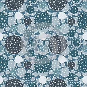 Abstract snow balls seamless vector pattern illustration in shades of blue with white stars.