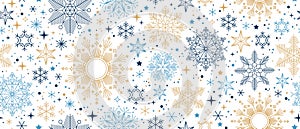 Abstract snowflake seamless border. Snowflakes seamless pattern. Snowfall repeat backdrop.