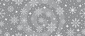 Abstract snowflake seamless border. Snowflakes seamless pattern. Snowfall repeat backdrop. Winter holidays theme. Seamless