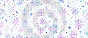 Abstract snowflake seamless border. Snowflakes seamless pattern. Snowfall repeat backdrop. Winter holidays theme. Seamless
