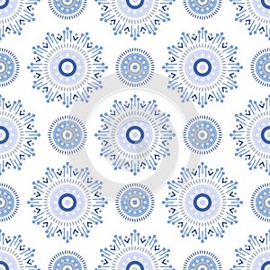 Abstract snowflakes seamless pattern. geometric snowflake on blue background.