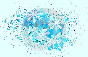 Abstract snowflakes and splashes of watercolor on blue background
