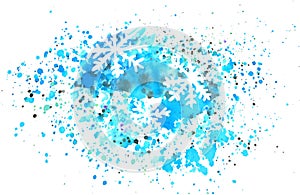 Abstract snowflakes and splashes of watercolor on white background