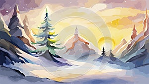 Abstract snowy land with pine tree hand painted background. christmas card, winter landscape,