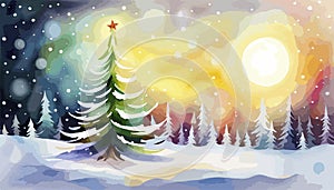 Abstract snowy land with pine tree hand painted background. christmas card, winter landscape,