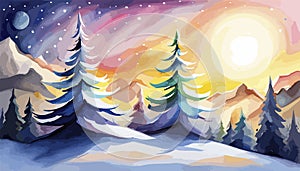 Abstract snowy land with pine tree hand painted background. christmas card, winter landscape,