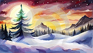 Abstract snowy land with pine tree hand painted background. christmas card, winter landscape,