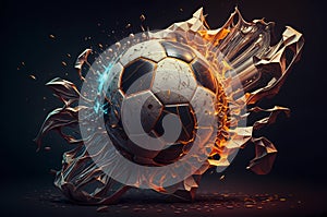 Abstract Soccer ball on fire, exploding y surrounded by blue energy glowing