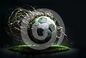 Abstract soccer ball on a green field grass breaking free from a mass of roots and soil on black background