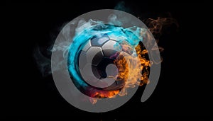 Abstract soccer ball igniting in fiery competition on black background generated by AI