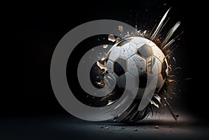 Abstract soccer ball in mid-air breaking apart and becoming a splatter of broken pieces. Copy space for text or design