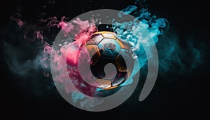 Abstract soccer ball in motion, glowing with success and speed generated by AI