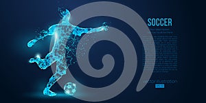 Abstract soccer player, footballer from particles on blue background. Low poly neon wireframe outline football player photo