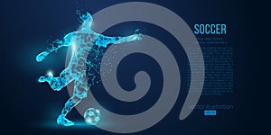 Abstract soccer player, footballer from particles on blue background. Low poly neon wireframe outline football player