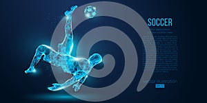 Abstract soccer player, footballer from particles on blue background. Low poly neon wireframe outline football player