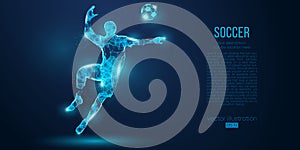 Abstract soccer player, footballer from particles on blue background. Low poly neon wireframe outline football player