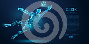 Abstract soccer player, footballer from particles on blue background. Low poly neon wireframe outline football player