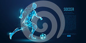 Abstract soccer player, footballer from particles on blue background. Low poly neon wireframe outline football player