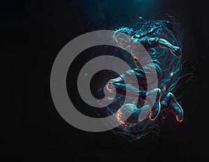 Abstract Soccer player jumping in Midair kicking a soccer ball and illuminated by a neon blue light. Copy space for text or design