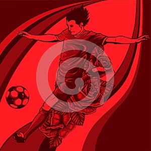 Abstract soccer player quick shooting a ball