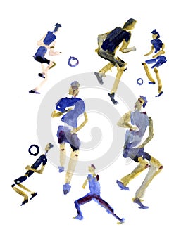 Abstract soccer players in blue shirts painted in watercolor on white isolated background