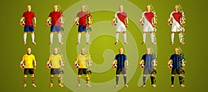 Abstract soccer players Group A line up, wearing colorful uniforms/kits, scattered pieces vector illustration