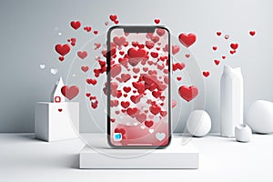 Abstract Social Media Icons Floating Around Mobile Device Screen on White Marble Countertop photo