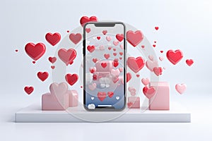 Abstract Social Media Icons Floating Around Mobile Device Screen on White Marble Countertop photo