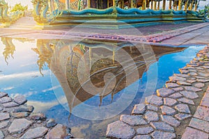 Abstract soft blurred and soft focus silhouette the sanctuary, temple, with shadow reflected in the water, the beam, light and len