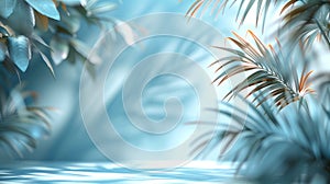 Abstract soft focus blurred shadow of palm leaves on a light blue wall minimal background for product presentation for spring and