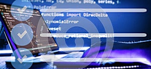 Abstract software development concept with code and laptop on blurred background representing programming, coding and