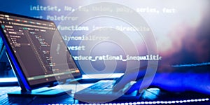 Abstract software development concept with code and laptop on blurred background representing programming, coding and