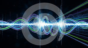 Abstract sound wave visualization with digital data streams on black background