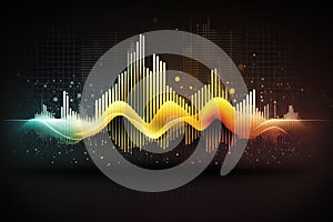 Abstract sound waves. Music equalizer effect. Colorful frequencies on dark background. Created with Generative AI