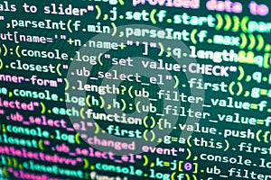 Abstract source code background. Coding script text on screen.