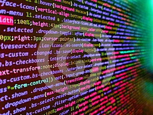 Abstract source code background. Abstract computer script  code. Data encryption security code on a computer display, close up.
