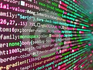 Abstract source code background. Laptop screen show abstract computer programming code script. Software source code. Programmer