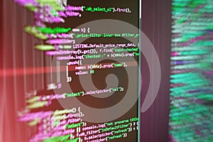 Abstract source code background. Monitor closeup of function source code. Mobile app developer.
