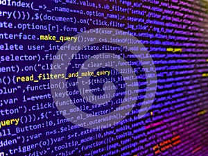 Abstract source code background. PHP development, software site code. Software developer programming code on black screen. Modern