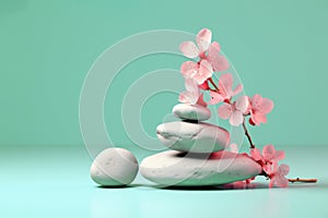 Stack of balanced zen stones, gray and white pebbles pyramid with pink cherry flowers