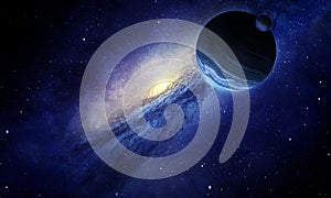 Abstract space illustration, 3d image, planet Jupiter in a bright nebula and stars