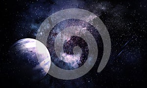 Abstract space illustration, 3d image, planet in space in the radiance of stars and a nebula