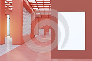 Abstract spacious industrial warehouse interior with empty white mock up poster, city view and daylight. 3D Rendering