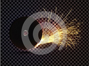 Abstract sparkles effect. Isolated abrasive disc with sparks on transparent background. Realistic cutoff wheel vector single