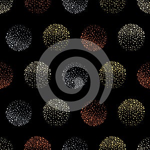 Abstract sparkling orange, gold and blue dotted circles on black background. Seamless geometric vector pattern Great for